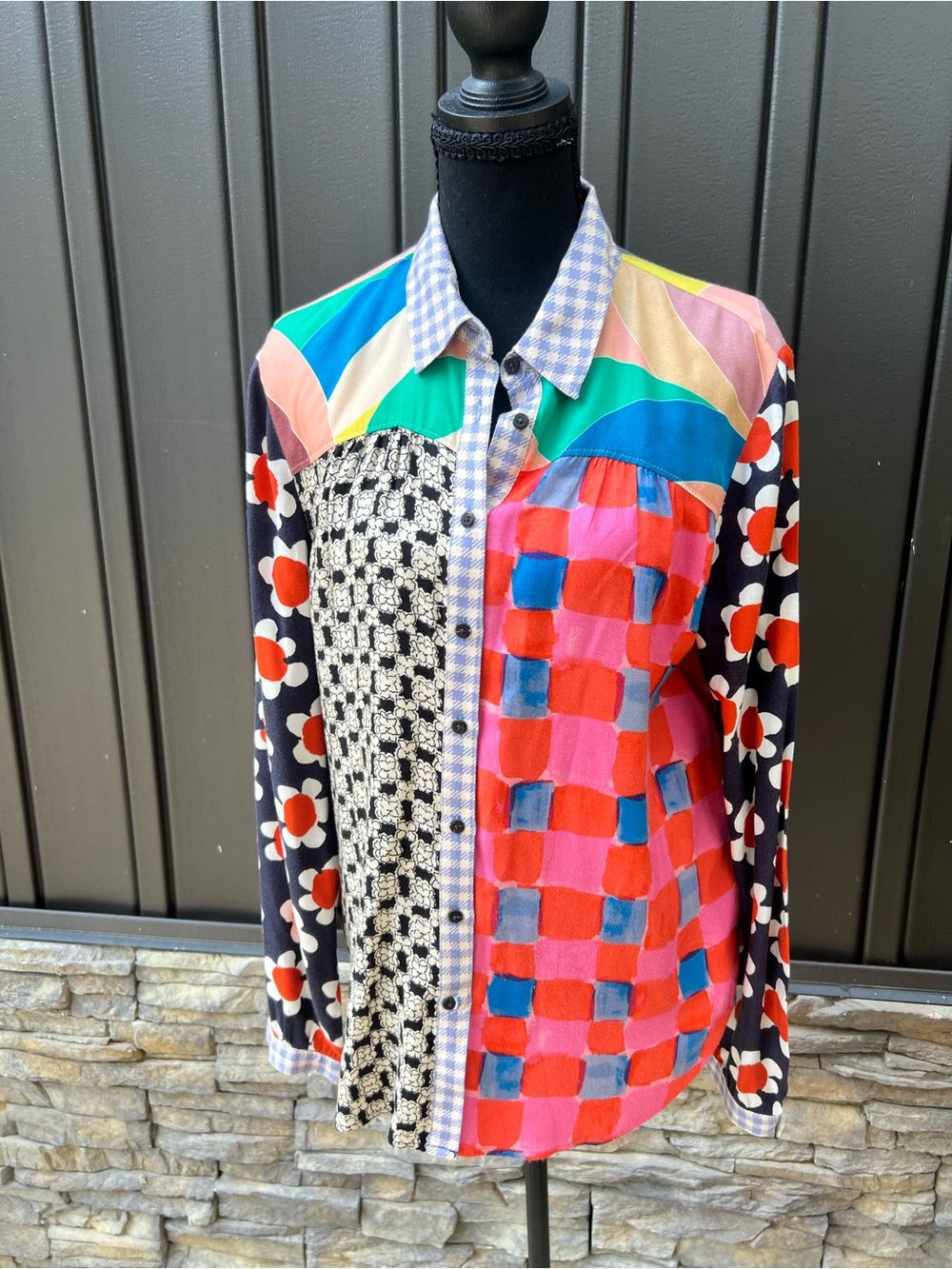 Anthropologie Colorblock Floral & Check Button-Up Blouse - Picture 3 of 7